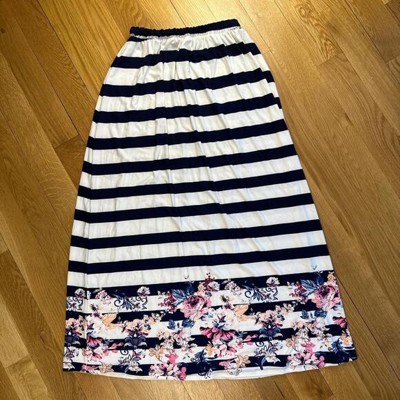 Navy white striped floral preppy maxi skirt coastal nautical - size small - Picture 2 of 5